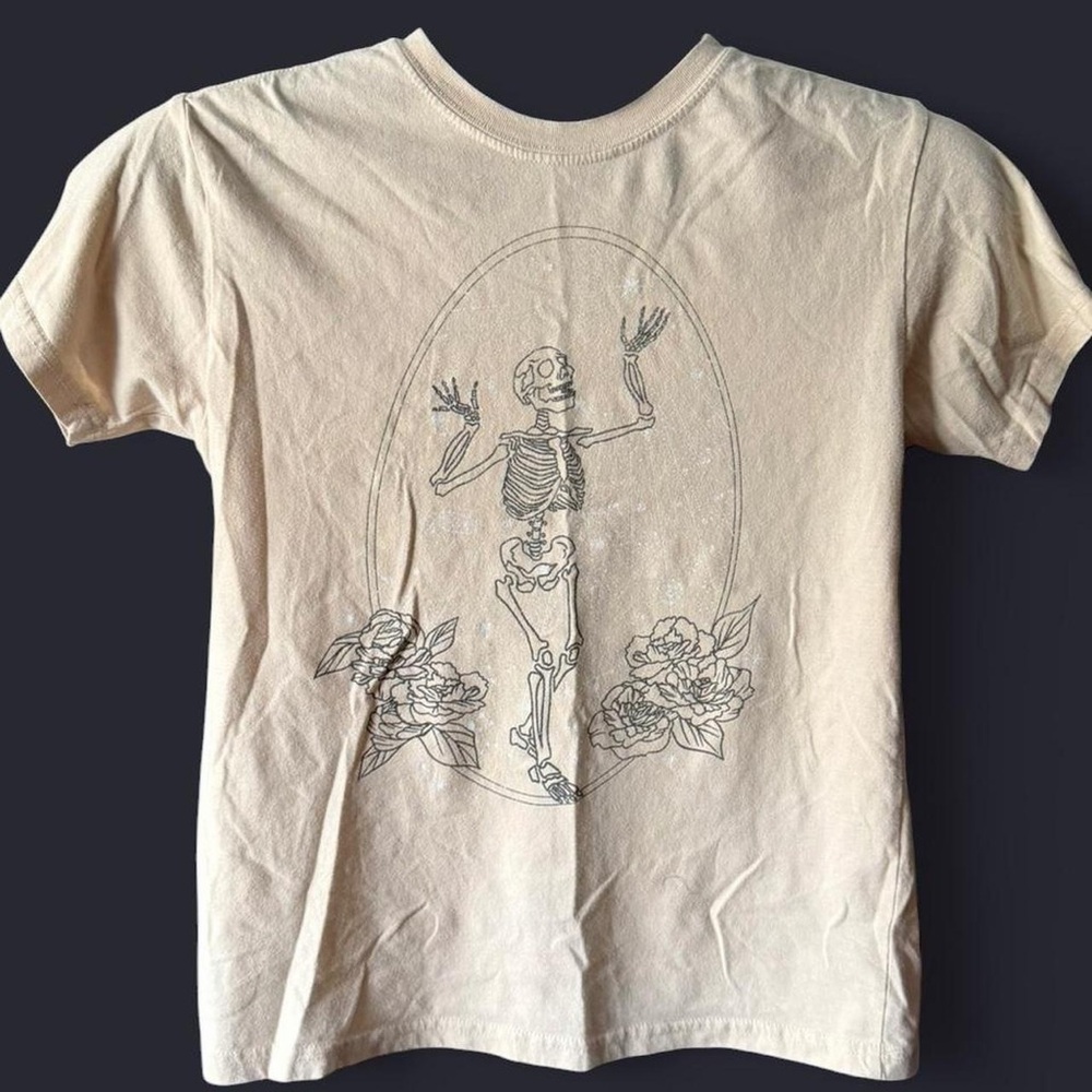 Mighty Fine Cream Tee with skeleton and flowers Print